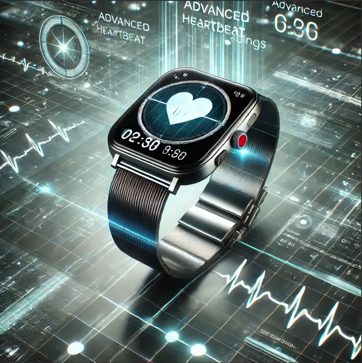 Smartwatch hiper-realista exibindo leituras detalhadas de batimentos cardíacos e ECG em uma tela moderna e futurista. O fundo apresenta elementos digitais brilhantes, simbolizando tecnologia médica avançada e monitoramento da saúde cardíaca, com foco na detecção de arritmias e monitoramento de ritmos cardíacos
