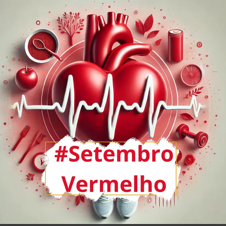 Imagem ilustrativa da campanha Setembro Vermelho, destacando a importância da prevenção de doenças cardiovasculares, com um coração em destaque e elementos visuais que representam cuidados com a saúde do coração.
