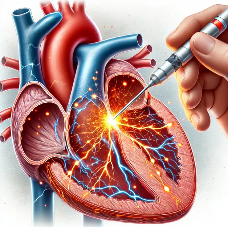 Ilustração detalhada do procedimento de ablação por cateter para fibrilação atrial, mostrando um cateter inserido no coração, aplicando energia em áreas específicas do tecido atrial para criar pequenas cicatrizes que bloqueiam sinais elétricos irregulares. A imagem foca na anatomia dos átrios e no posicionamento do cateter