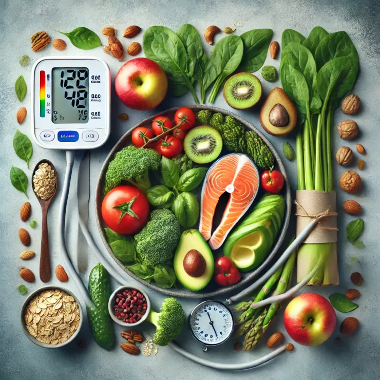 Prato saudável com alimentos ricos em nutrientes, incluindo salmão, bananas, abacate, espinafre, brócolis, aveia e nozes, ao lado de um medidor de pressão arterial com leituras normais, simbolizando a relação entre nutrição e controle da hipertensão.