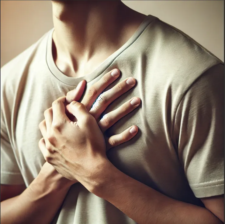  Pessoa segurando o peito em desconforto, representando dor no peito. A imagem destaca a parte superior do corpo, com expressão de preocupação, em um fundo neutro, simbolizando a necessidade de atenção médica.
