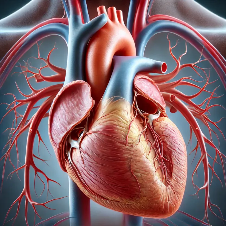Ilustração médica detalhada e realista do coração humano com foco na estenose mitral.